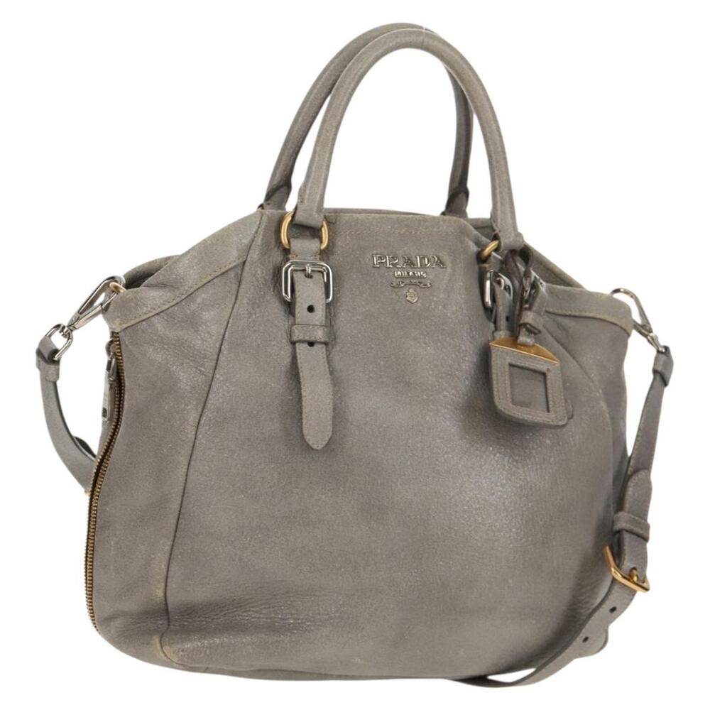 PRADA Tote Bag Leather 2way Gray Silver Auth bs31577 - Picture 1 of 16